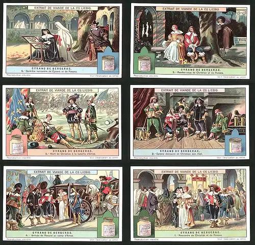 6 Sammelbilder Liebig, Serie Nr.: 1191, Cyrano De Bergerac, Szenen aus dem Leben des Cyrano De Bergerac