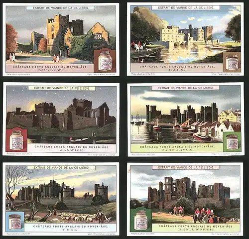 6 Sammelbilder Liebig, Serie Nr.: 1190, Chateaux Forts Anglais Du Moyen-Age, Schloss Kenilworth, Peel, Carnarvon, Raby