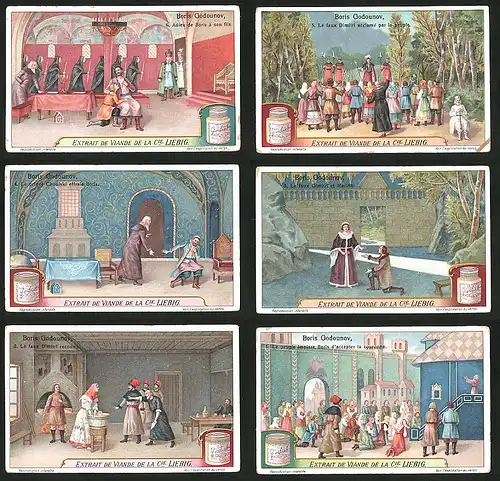 6 Sammelbilder Liebig, Serie Nr.: 1189, Boris Godounov, Szenen aus der Oper von Modest Petrowitsch Mussorgski