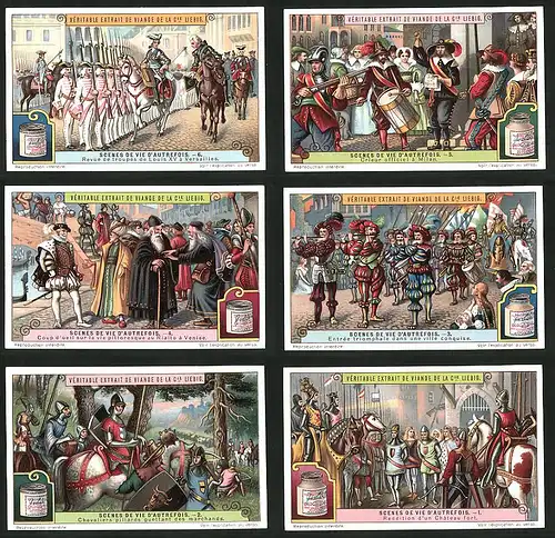 6 Sammelbilder Liebig, Serie Nr.: 1187, Scenes De Vie D'Autrefois, Garde von König Louis XV in Versailles