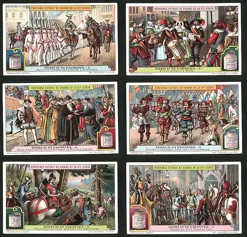 6 Sammelbilder Liebig, Serie Nr.: 1187, Scenes De Vie D'Autrefois, Feier in Venedig, Garde von Louis XV in Versailles