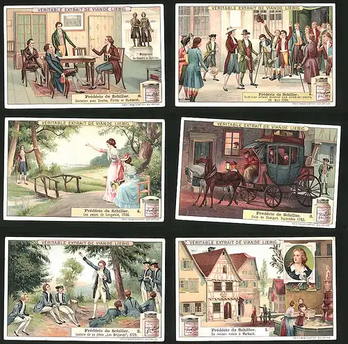6 Sammelbilder Liebig, Serie Nr.: 974, Dichter Friedrich Schiller, Szenen aus seinem Leben, Goethe, Fichte & Humboldt