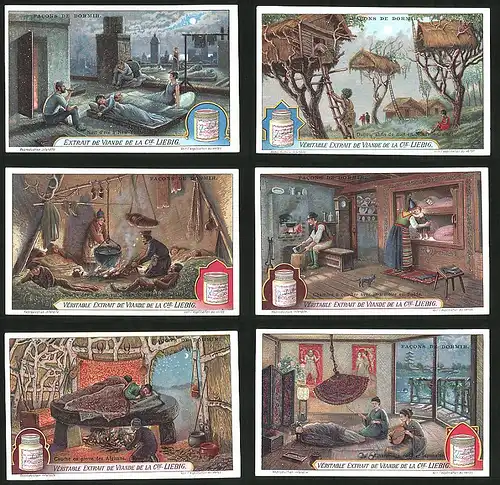 6 Sammelbilder Liebig, Serie Nr.: 1166, Facons De Dormir, Schlafgewohnheiten in Japan, New York, Neuguinea, Afghanistan