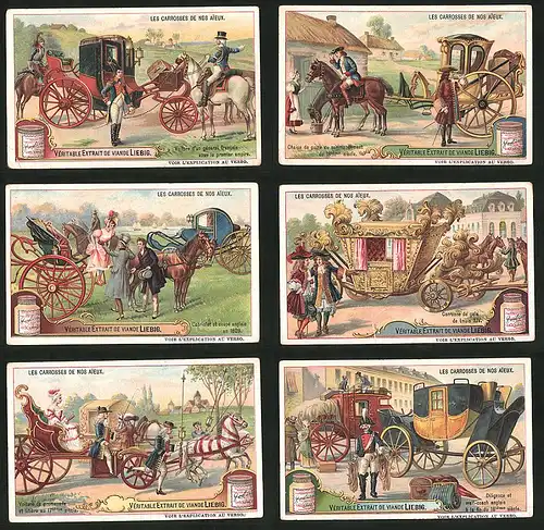 6 Sammelbilder Liebig, Serie Nr.: 981, Les Carrosses De Nos Aieux, Pferdekutsche Louis XIV., englische Kutschen um 1800