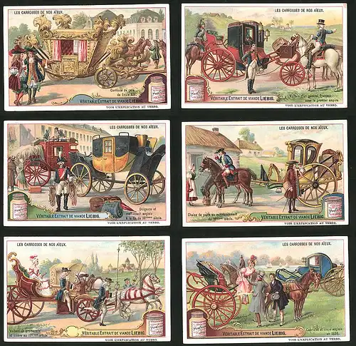 6 Sammelbilder Liebig, Serie Nr.: 981, Les Carrosses De Nos Aieux, Pferdekutschen aus Frankreich und England um 1800