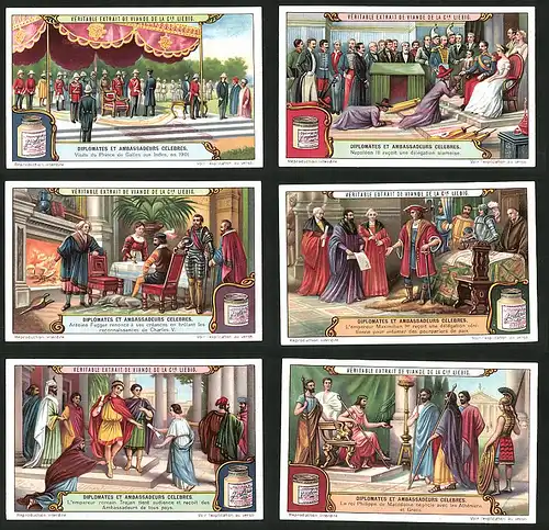 6 Sammelbilder Liebig, Serie Nr.: 1177. Diplomates Et Ambassadeurs Celebres, Philipp von Mazedonien, Kaiser Trajan