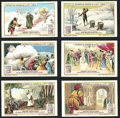 6 Sammelbilder Liebig, Serie Nr.: 1178, Contes Populaires, Volksmärchen aus aller Welt, Ungarn, Frankreich, England