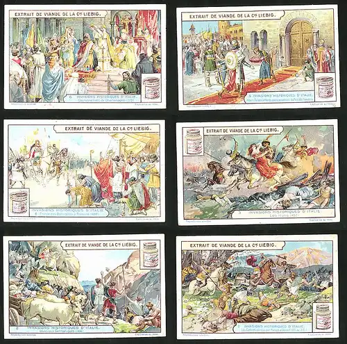 6 Sammelbilder Liebig, Serie Nr.: 1208, Invasions Historiques D'Italie, Invasionen in Italien, Germanen, Hunnen, Gothen