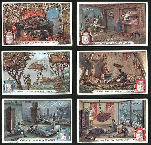 6 Sammelbilder Liebig, Serie Nr.: 1166, Facons De Dormir, Schlafgewohnheiten in Schweden, Japan, Afghanistan, New York