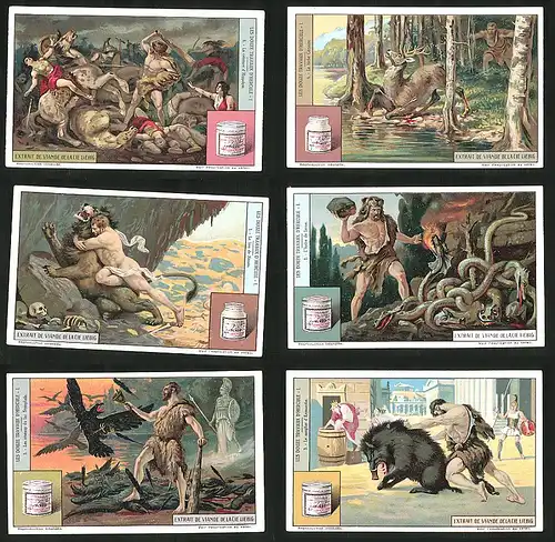 6 Sammelbilder Liebig, Serie Nr.: 1206, Les Douze Travaux D'Hercule, Herkules kämpft gegen Löwe, Wildschwein & Hydra