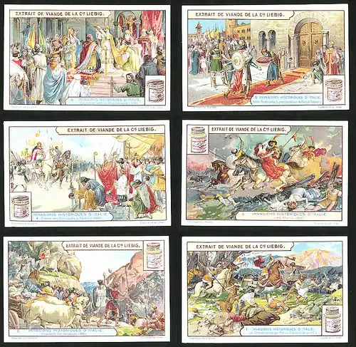 6 Sammelbilder Liebig, Serie Nr.: 1208, Invasions Historiques D'Italie, Germanen Invasion, Hunnen, Gothen