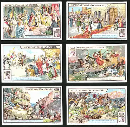 6 Sammelbilder Liebig, Serie Nr.: 1208, Invasions Historiques D'Italie, Invasion verschiedener Volksstämme in Italien