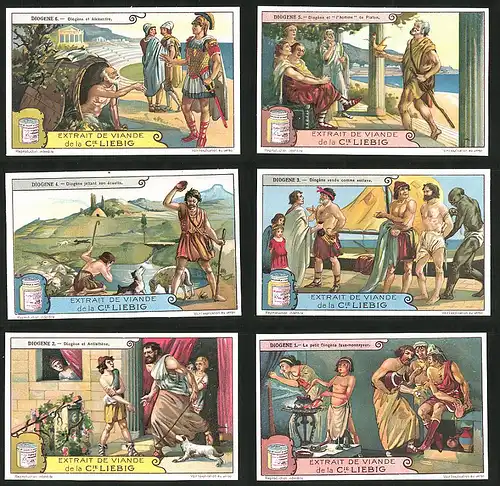 6 Sammelbilder Liebig, Serie Nr.: 1205, Leben der Diogene, Alexandria, treffen mit Platon, Sklavenhandel