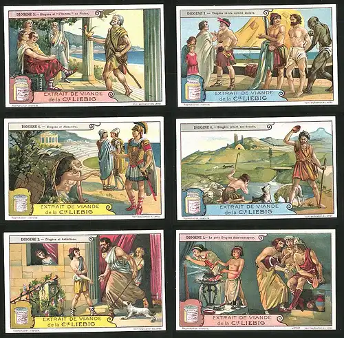 6 Sammelbilder Liebig, Serie Nr.: 1205, Szenen aus dem Leben von Diogene, Platon, Philosoph in Alexandria, Sklavenhandel