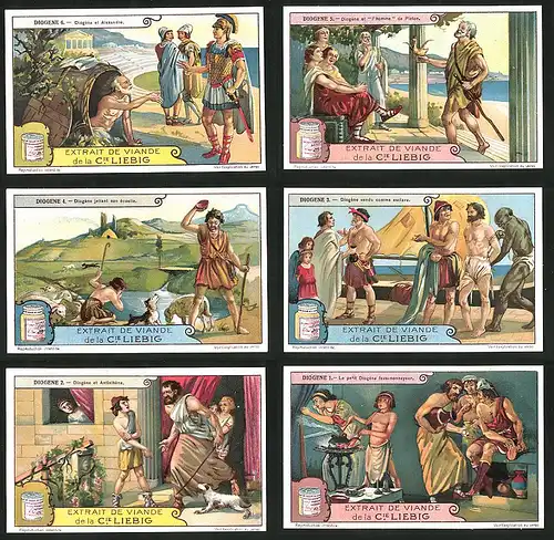 6 Sammelbilder Liebig, Serie Nr.: 1205, Szenen aus dem Leben des Philosophen Diogene, Sklavenhandel, Alexandria, Platon