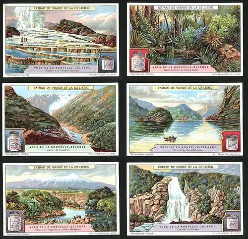 6 Sammelbilder Liebig, Serie Nr.: 1214, Vues De La Nouvelle-Zelande, Neuseeland, Reischek-Gletscher, Dusky-Sumpf, Vulkan