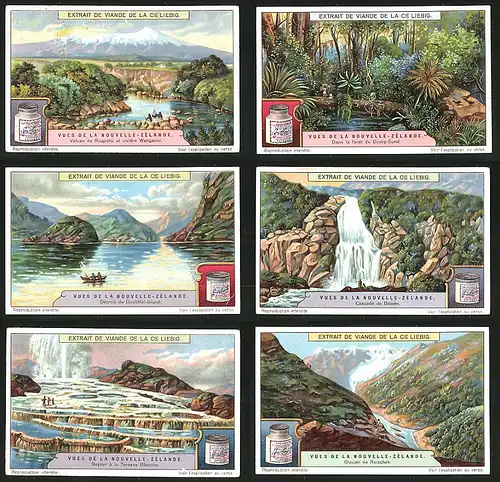 6 Sammelbilder Liebig, Serie Nr.: 1214, Vues de la Nouvelle-Zelande, Neuseeland, Vulkan, Gletscher, Sumpf, Wasserfall