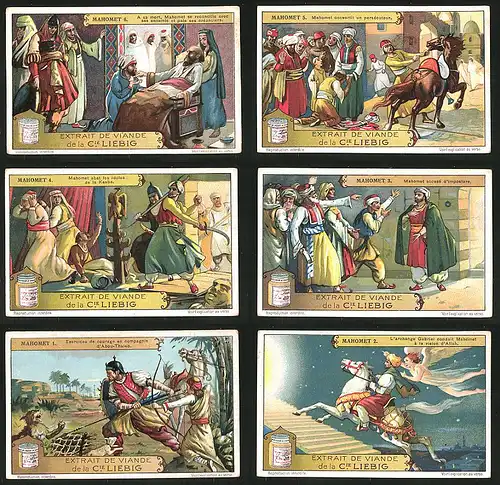 6 Sammelbilder Liebig, Serie Nr.: 1212, Szenen aus Mahomet der Prophet von Voltaire