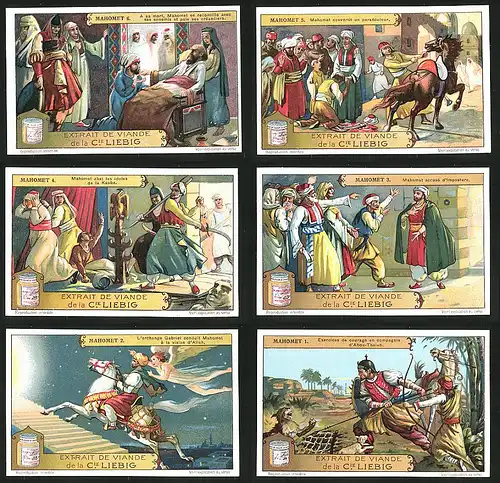 6 Sammelbilder Liebig, Serie Nr.: 1212, Szenen aus dem Voltaire Roman Mahomet der Prophet