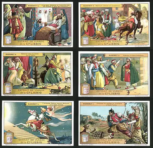 6 Sammelbilder Liebig, Serie Nr.: 1212, Mahomet der Prophet, Illustrationen aus dem Roman von Voltaire