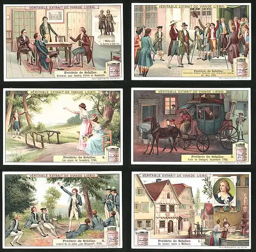 6 Sammelbilder Liebig, Serie Nr.: 974, Leben des Dichters Friedrich Schiller, Goethe, Fichte, Humboldt, Marbach