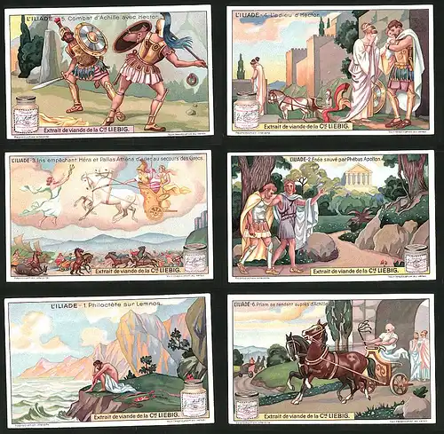 6 Sammelbilder Liebig, Serie Nr.: 1196, Leben des Ilias nach Homer, Achilles, Hector, Hera, Athena, Apollo