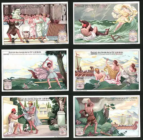 6 Sammelbilder Liebig, Serie Nr.: 1197, Leben des Odysseus, Zyklop, Hermes, Sirenen, Griechische Mythologie