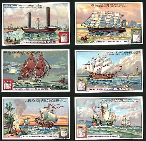 6 Sammelbilder Liebig, Serie Nr.: 1202, Entwicklung der Schifffahrt 1500-1900, Segelschiff Potosi, Flettner Rotorschiff