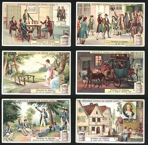 6 Sammelbilder Liebig, Serie Nr.: 974, Leben des Dichters Friedrich Schiller, Marbach, Stuttgart, Lengefeld, Goethe u.a.
