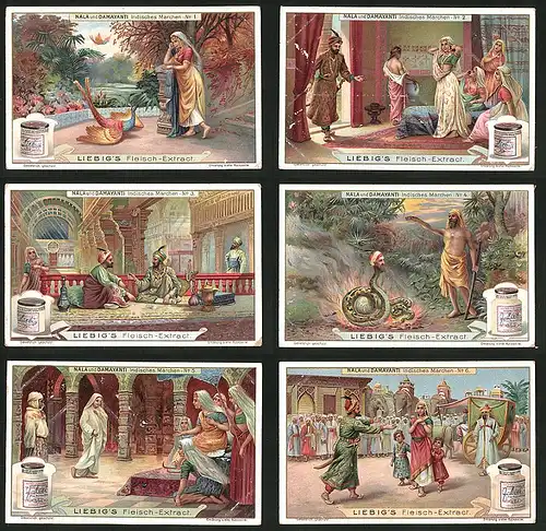 6 Sammelbilder Liebig, Serie Nr.: 941, Indisches Märchen Nala & Damayanti, Sultan, Harem, Fabelwesen, Elefant
