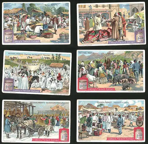 6 Sammelbilder Liebig, Serie Nr.: 894, Messen & Märkte, Peking, Nishny-Nowgorod, Samarkand, Batavia, Algerien, Sizilien