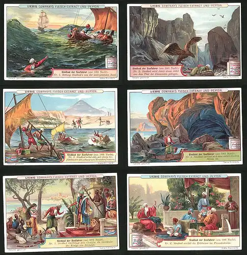 6 Sammelbilder Liebig, Serie Nr: 644, Sindbad der Seefahrer, Flucht vor Kannibalen, Tal d. Diamanten, untergehende Insel