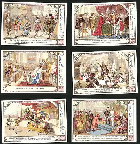 6 Sammelbilder Liebig, Serie Nr.: 646, Adel Frankreich, Herzog von Anjou, König Heinrich II., König Franz I. & Franz II.