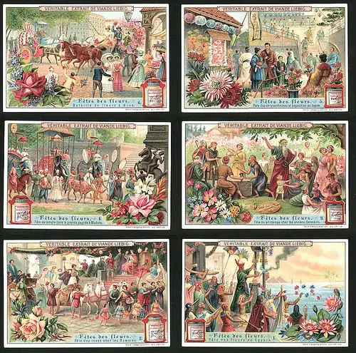 6 Sammelbilder Liebig, Serie Nr.: 927, Festes de Fleurs, Ägypten, Römisches Reich, Germanien, Indien, Japan, Frankreich