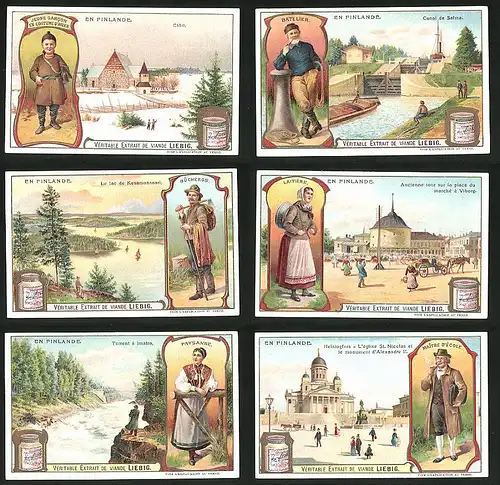 6 Sammelbilder Liebig, Serie Nr.: 895, En Finlande, Maitre d`École, Helsinki, Saima