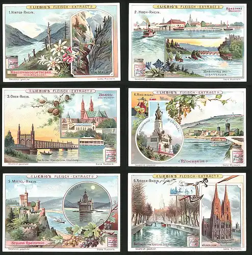 6 Sammelbilder Liebig, Serie Nr.: 806, Der Rhein, Leiden, Köln, Rüdesheim, Basel