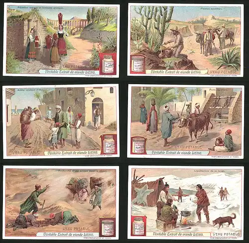 6 Sammelbilder Liebig, Serie Nr.: 876, L`eau Portable, Kamele, Ägypten, Araber, Wasserhändler, Romänien