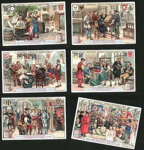 6 Sammelbilder Liebig, Serie Nr.: 885, Les corporations au moyen âge, Sattler, Wappen, Tuchhändler, Buchdruck