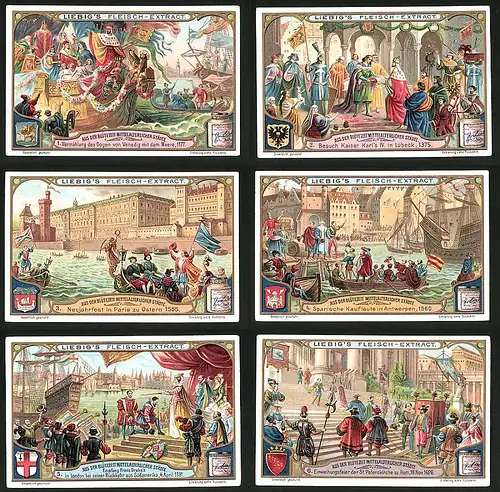 6 Sammelbilder Liebig, Serie Nr.: 884, Aus der Blütenzeit Mittelalterlicher Städte, St. Peterskirche, Franz Drakes