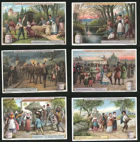 6 Sammelbilder Liebig, Serie Nr.: 665, Ostergebräuche, Italien, Frankreich, Russalnd, Kärnthen, Mark, Deutschland