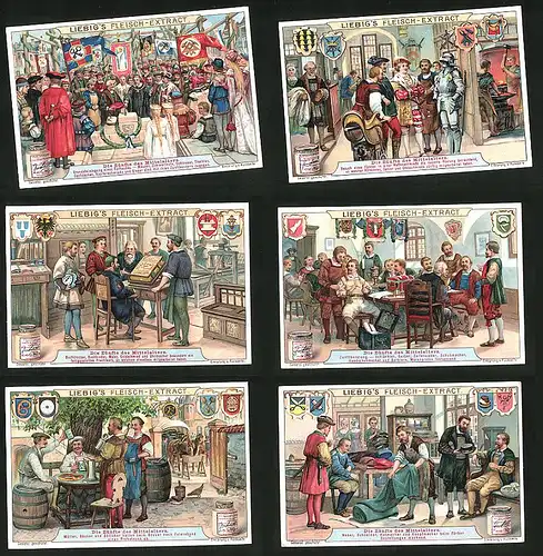 6 Sammelbilder Liebig, Serie Nr.: 885, Die Zünfte des Mittelalters, Schneider, Bäcker, Buchdruck, Sattler, Dachdecker