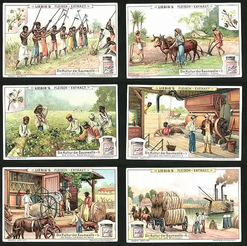 6 Sammelbilder Liebig, Serie Nr.: 952, Die Kultur der Baumwolle, Mississippi, Ballenwiegen, Ginnen, Sklavenernte