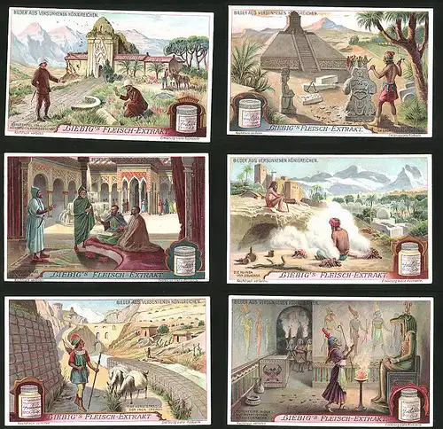 6 Sammelbilder Liebig, Serie Nr.: 1077, Bilder aus versunkenen Königreichen, Ägyptische Königsgräber, Peru, Golkonda
