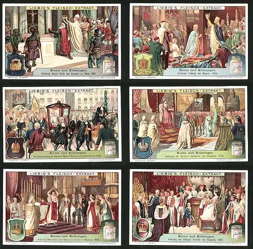 6 Sammelbilder Liebig, Serie Nr.: 1071, Krone und Krönungen, Victoria von England, Napoleon, Katharina von Russland