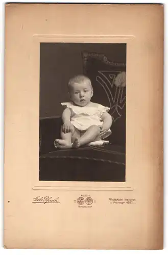 Fotografie Gebr. Pfusch, Wiesbaden, Portrait niedliches Kleinkind im weissen Hemd auf Sessel sitzend