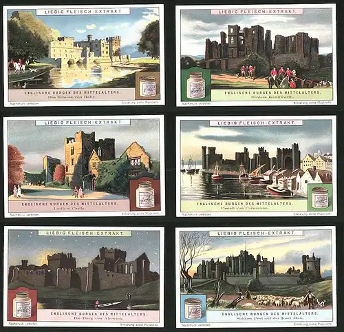 6 Sammelbilder Liebig, Serie Nr.: 1190, Englische Burges des Mittelalters, Peel, Insel Man, Alnwick, Raby, Ludlow