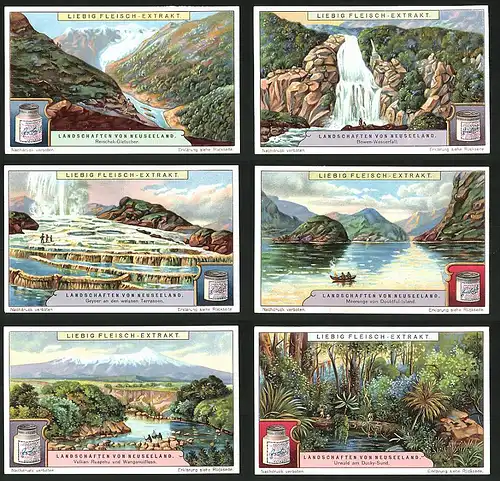 6 Sammelbilder Liebig, Serie Nr.: 1214, Landschaften von Neuseeland, Dusky-Sund, Geyser, Doubtful-Island, Reischek