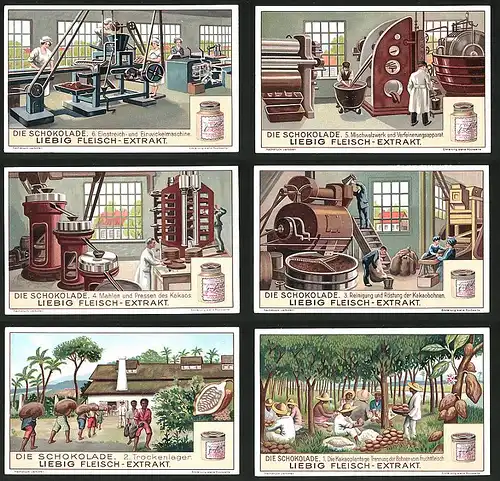 6 Sammelbilder Liebig, Serie Nr.: 1224, Die Schokolade, Kakaoplantage, Röstung, Mahlen, Mischwalzwerk, Einstrich