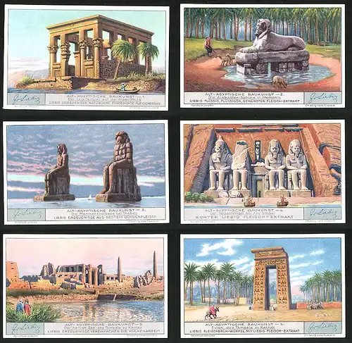 6 Sammelbilder Liebig, Serie Nr.: 1248, Alt-Ägyptische Baukunst, Fylon, Tempel zu Karnak, Abu Simbel, Theben, Memphis