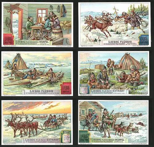 6 Sammelbilder Liebig, Serie Nr.: 1225, Im russischen Polargebiet, Trapper, Pelzhändler, Samen, Schlittenhunde, Rentier